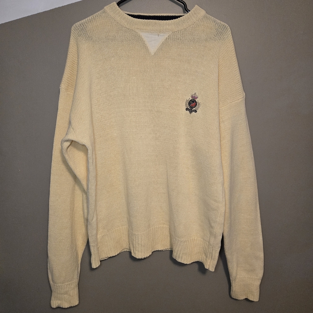 Vintage Hunting Horn Men's Yellow Knit Crewneck Sweater Size Large Embroidered